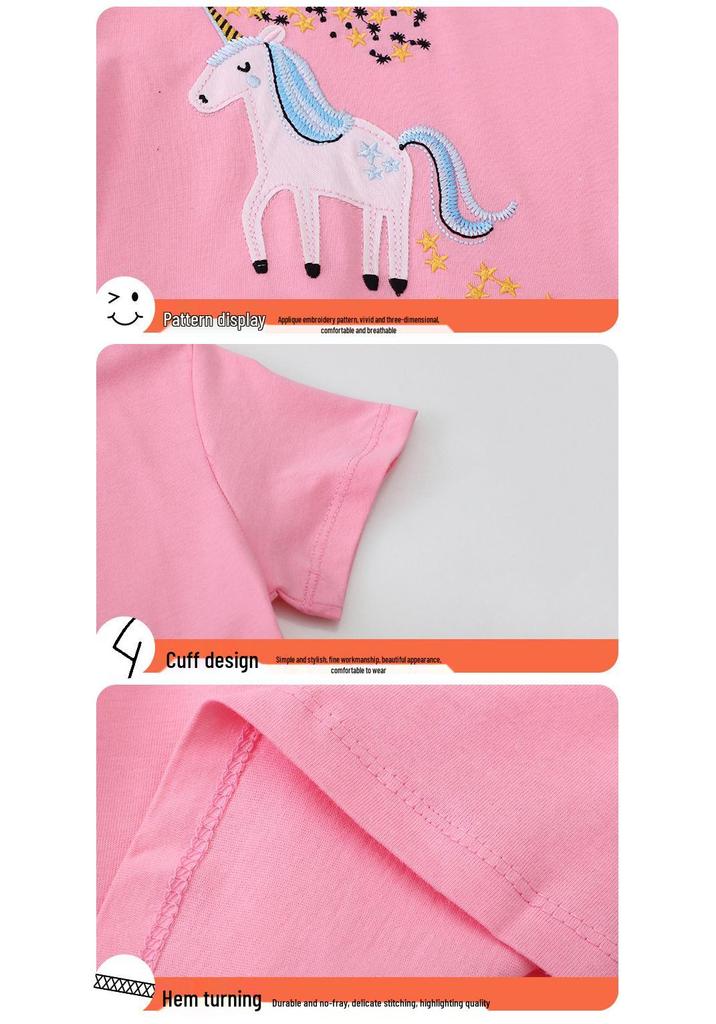 Girls' Fashionable Princess Dress with Cartoon Embroidery, Short Sleeve Formal Wear for Spring and Summer.