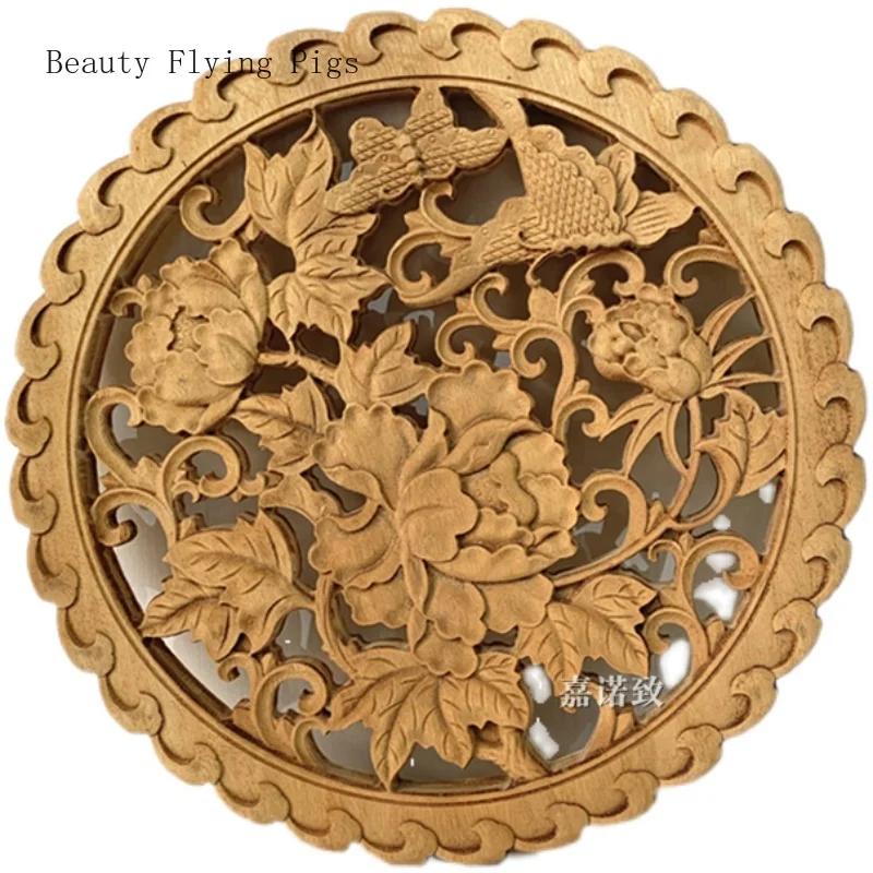 Diameter 27cm/10.8" Chinese style camphor wood carving circular decoration living room entrance background wall pendant