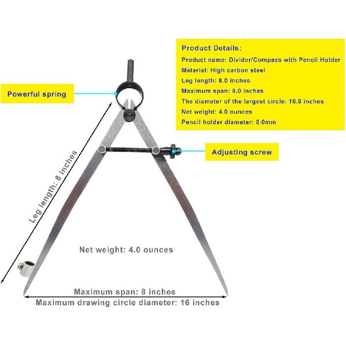 ZLKSKER 8 inch Professional Spring Wing Divider/Scriber with Pencil Holder, All Metal Leather Work, Woodworking Compass