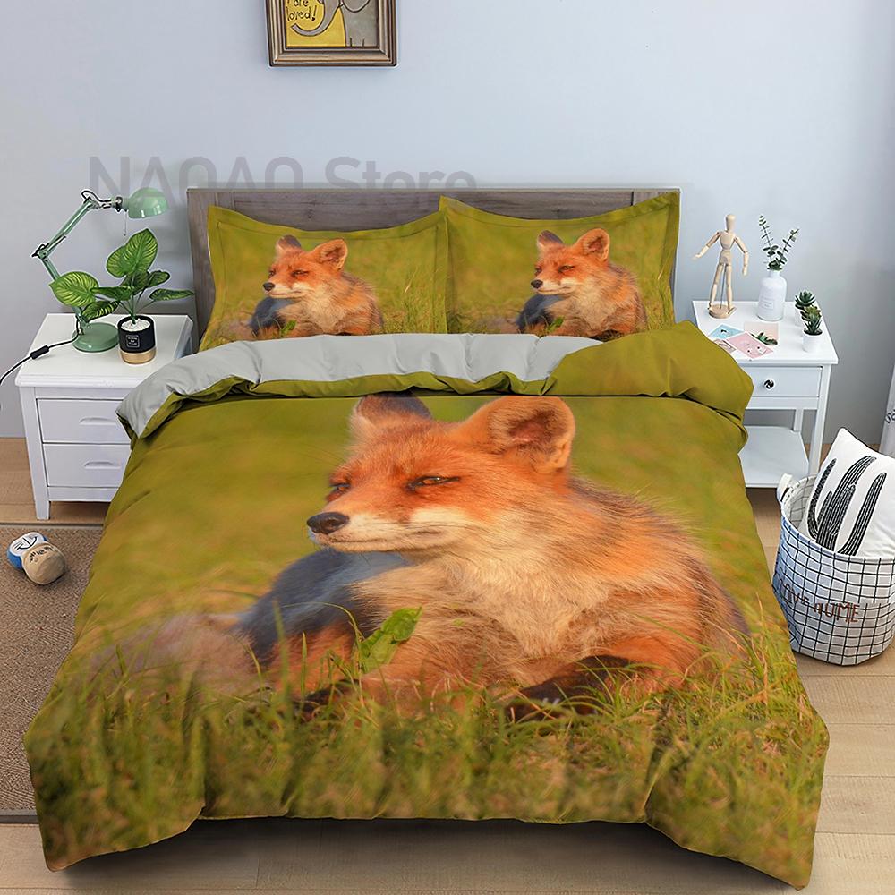 Animal Fox Bedding Set King Queen Size 3D Lovely Orange Fennec Fox Duvet Cover For Kids Teens Adults Bedroom Decor Quilt Cover