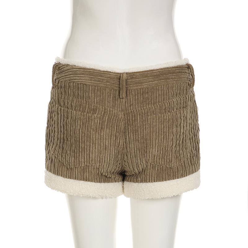 Dámské manšestrové šortky s proužky, s kožešinovým prošíváním v kolizních barvách, univerzální, s nízkým pasem, slim fit, pro pikantní dívku