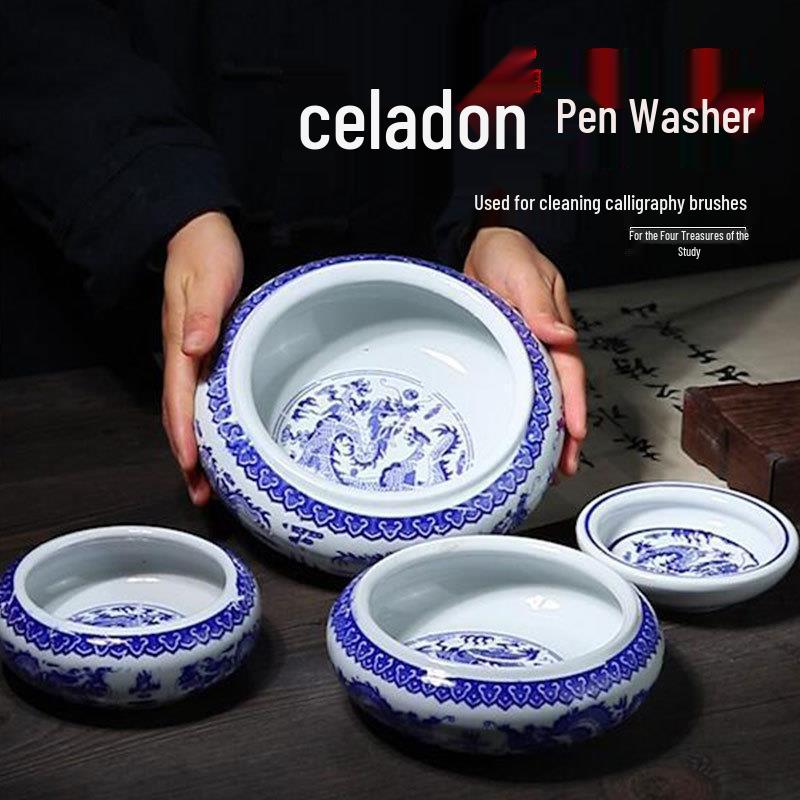 Multifunctional Jingdezhen Blue & White Porcelain Calligraphy Brush Stand & Ink Dish