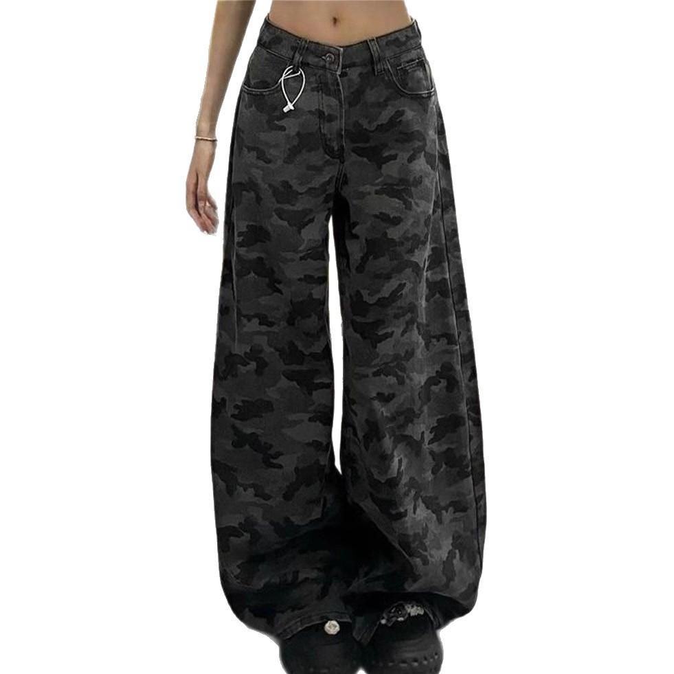 Large Size High Street Camouflage Wide Leg Jeans Female Loose Thin High Waist Trailing Floor Straight Trousers Jeans for Women Long Denim Pants