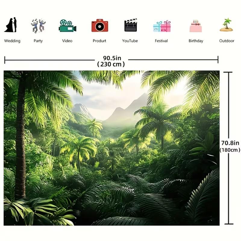 2D Flat Printing Tropical Rainforest Tapestry with Lush Palm Trees, Misty Mountains and Sunlight