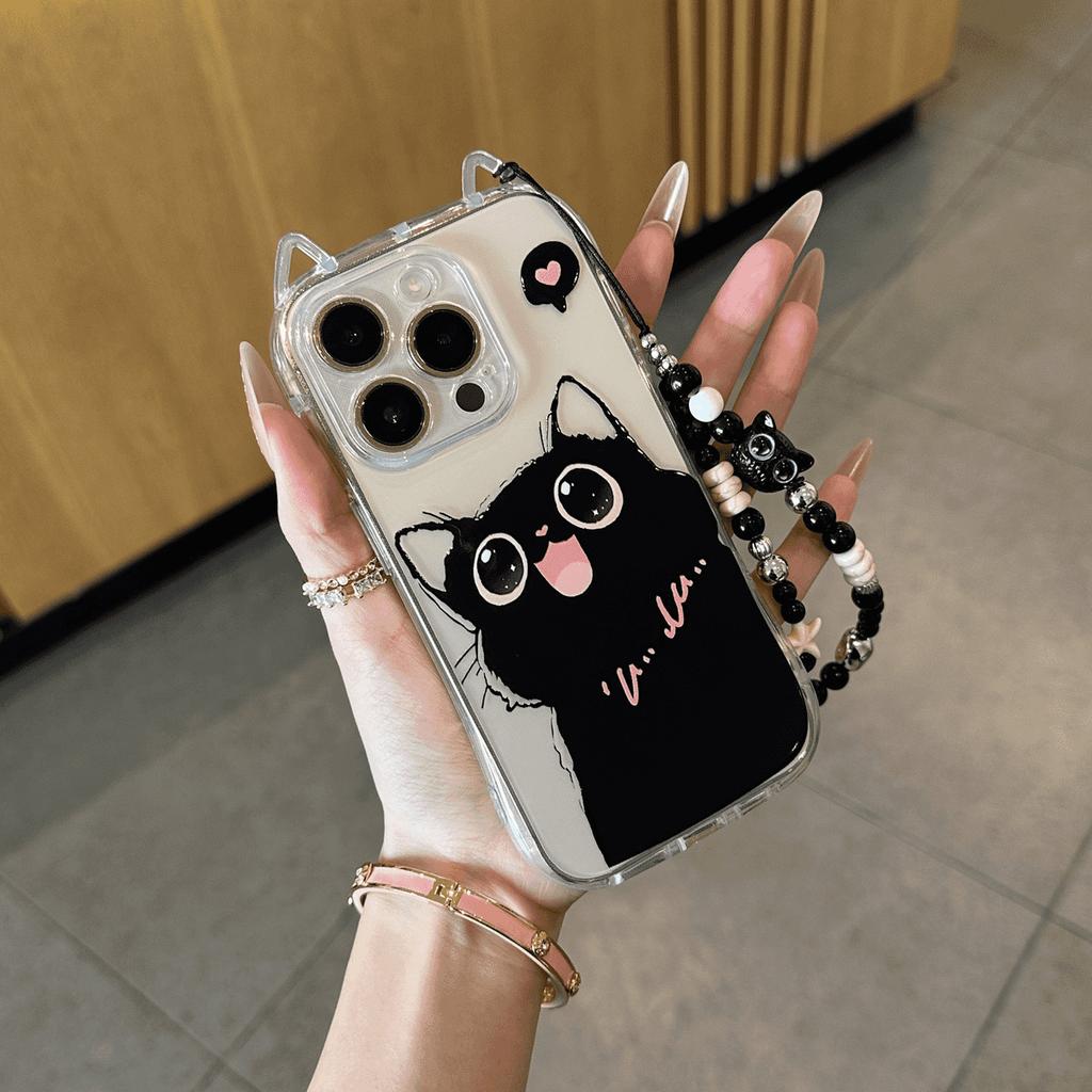 The New Models Are Suitable for Iphone16 Sweet and Cool Cat 13 with Bracelet Phone Case and Apple 15 Cat Ear Transparent Protective Case
