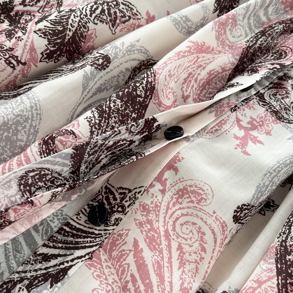 Summer Women Vintage Print Short Sleeve Turn-down Collar Single Breasted Long Midi Party Shirt Dresses with Belt