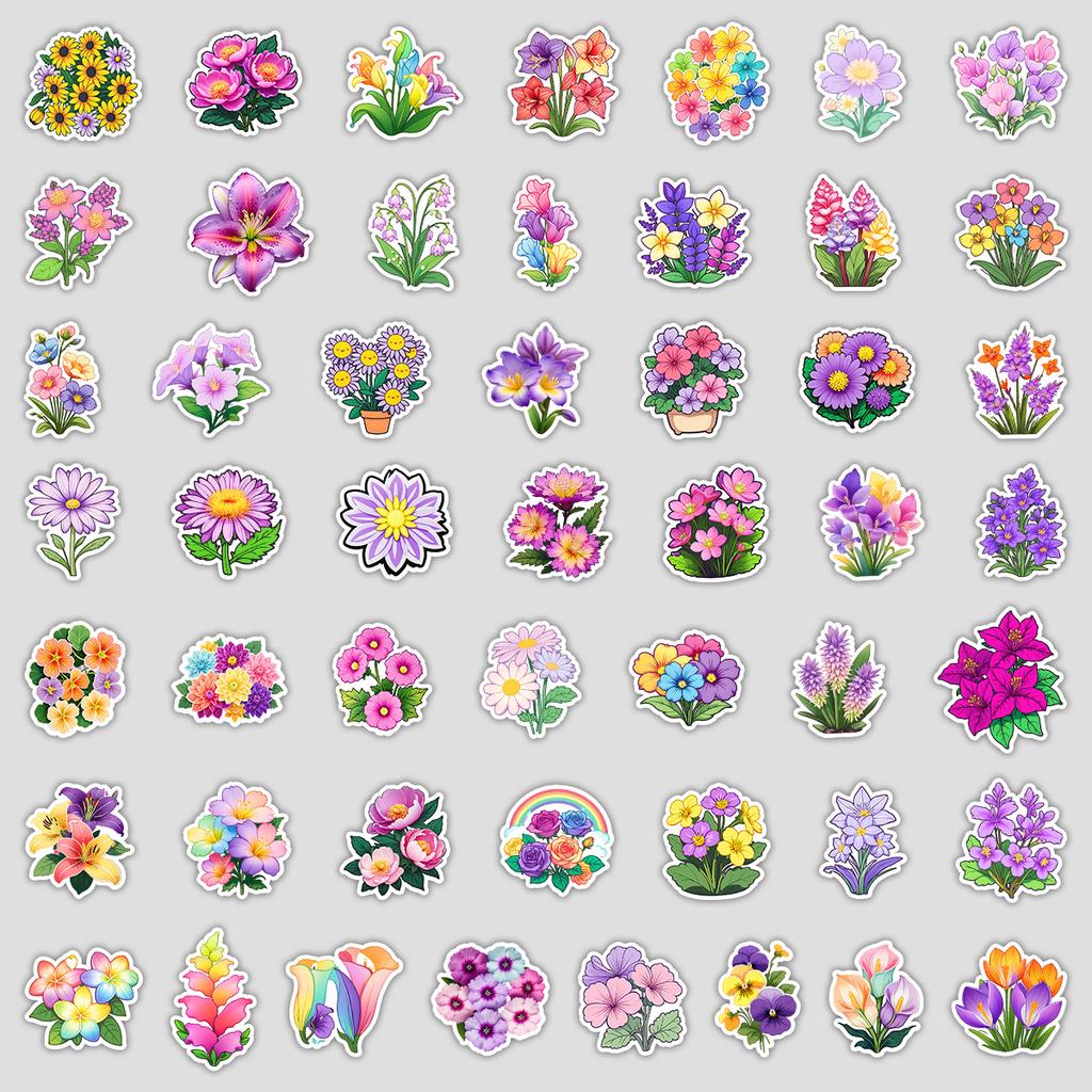 50 Cute Flowers Doodle Stickers Water Cup Mobile Phone Waterproof Decorative Stickers Creative Flowers Hand Account Stickers