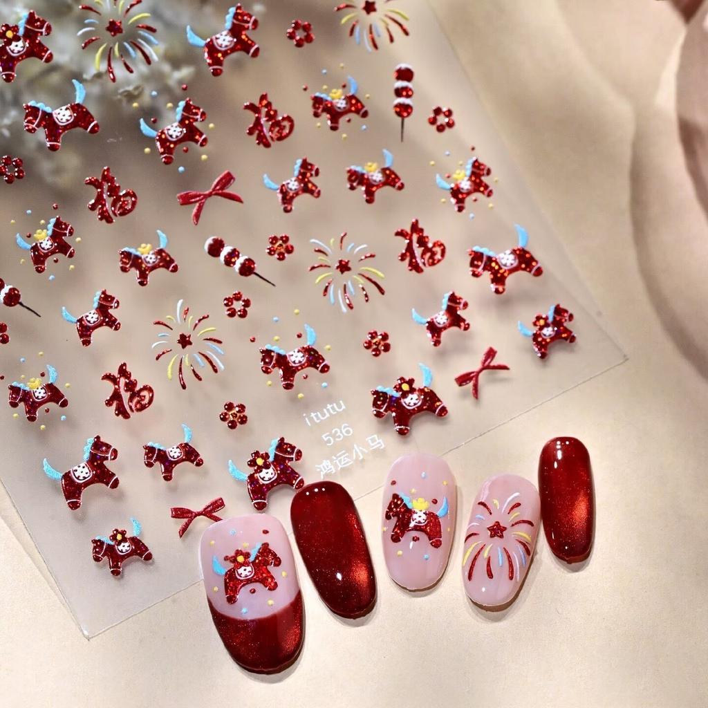 {YY28} Cartoon Red Pony Fortune Lucky Cat Manicure Decals Year Of The Horse Nail Stickers DIY New Year Nail Art Decoration