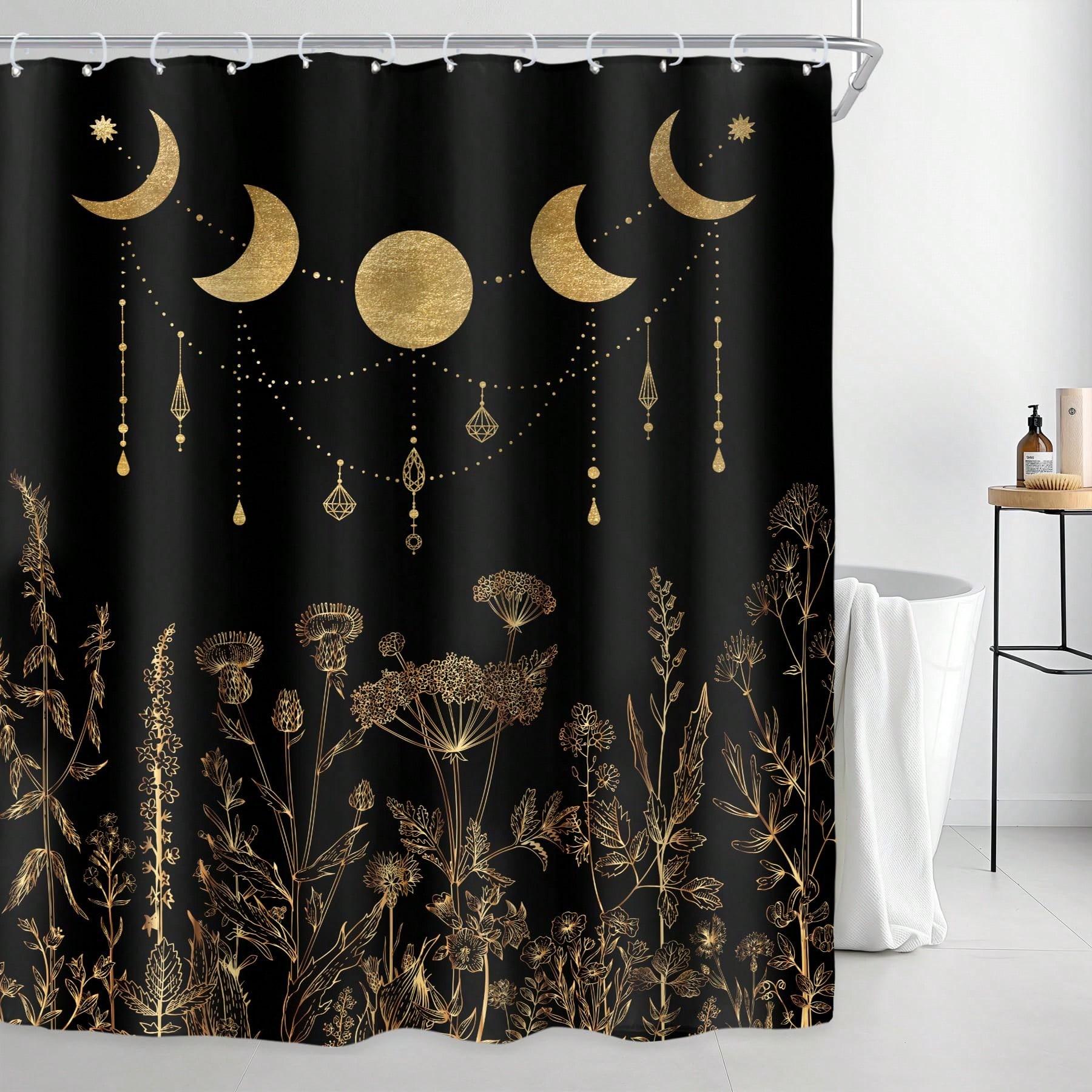 Elegant Moon & Stars Shower Curtain: Embrace the Mystical Design, Soft Fabric, and Celestial Vibes for Your Dreamy Bathroom 90x180cm