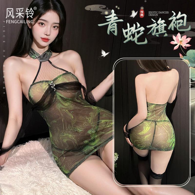 Snake uniform seductive snake sex underwear green bamboo perspective cheongsam neck dress hip skirt
