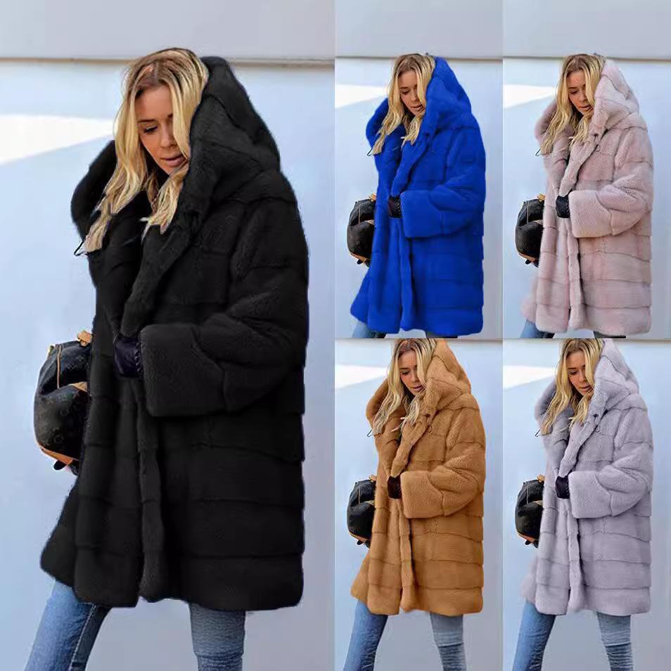 Women's Jacket Street Style Trendy Beltless European Solid Color Long Sleeve Artificial Fur Hooded Warm
