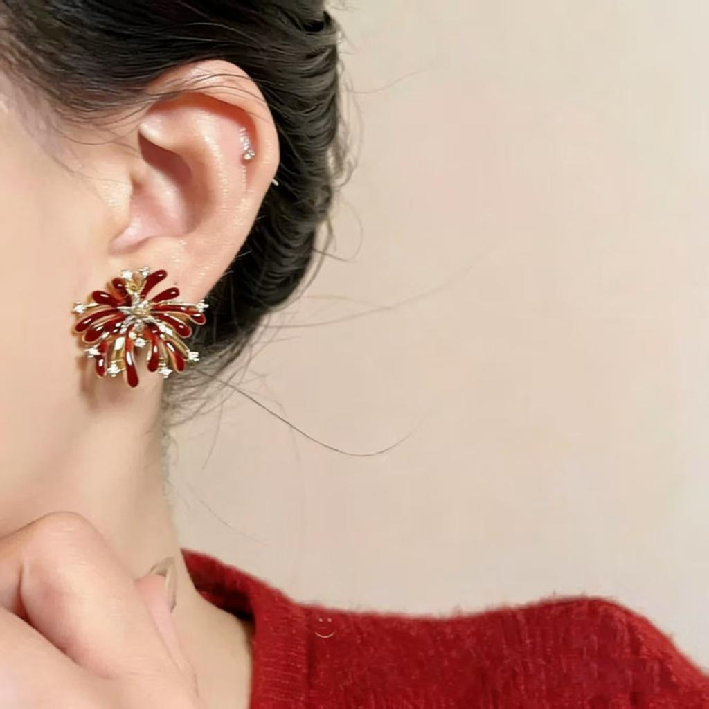 New Year's red zircon fireworks stud earrings women's ear clips 1111 new popular earrings unique niche beautiful earrings