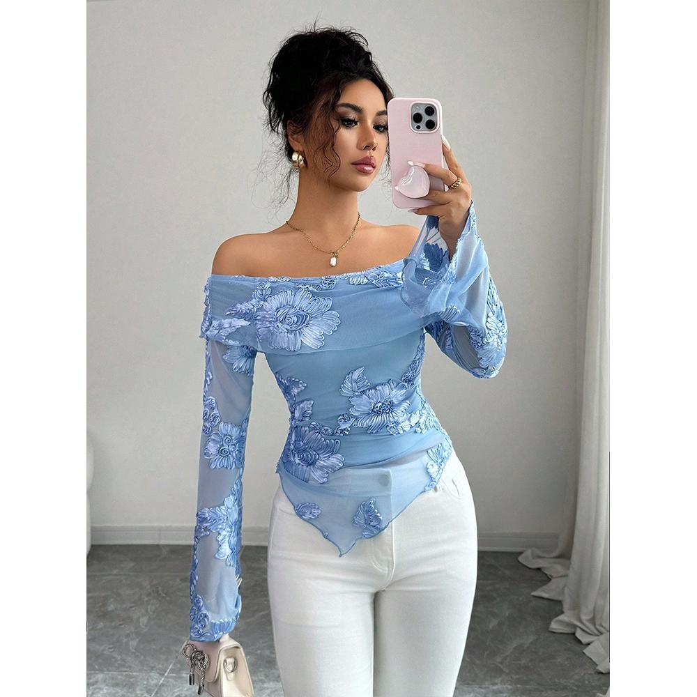 Spitze Langarm Tops für Damen Y2k Off-Shoulder Tops Sexy Durchsichtig Glockenärmel Ausgeh-Tops Mode Kleidung