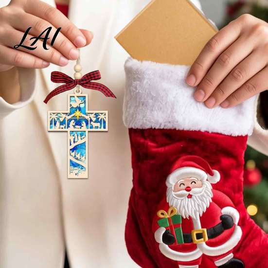 Reusable Christmas Tree Decor Wooden Hollowed Pendant Cross/Christmas Hanging Ornament Decorative Unique Gift for Book Worms Plaid Bow Craft
