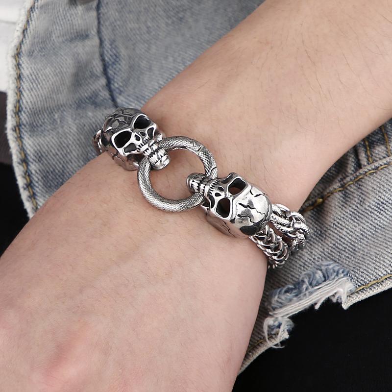 Cooles Skelett-Totenkopf-Armband für Männer aus poliertem Edelstahl, 13 mm breite Doppelgliederkette, Herrenarmbänder, Punk-Gothic-Schmuck