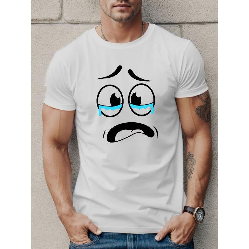 

Men s Crying Face Print T-shirt, Casual Short Sleeve Crew Neck Tee, Men s Clothing For Outdoor S белый