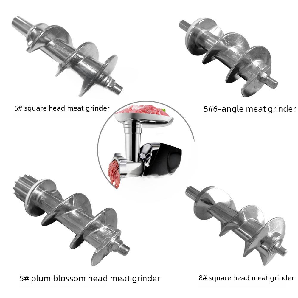 Stainless Steel Meat Grinder Accessories: Knife, Blade, Hole Plate, Sausage Stuffer, and Grinder Rod.