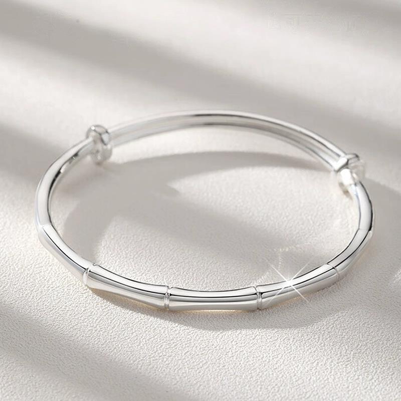 925 Silver Plated Bamboo Style Push-Pull Bangle Bracelet - Gift for Her