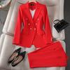 New Pink Red Long Sleeve Blazer Jacket Set Women's Pants & Mini Skirt Outfit Elegant