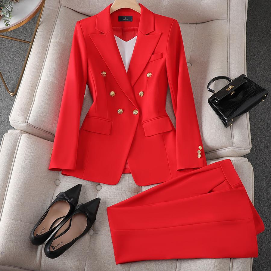 New Pink Red Long Sleeve Blazer Jacket Set Women's Pants & Mini Skirt Outfit Elegant