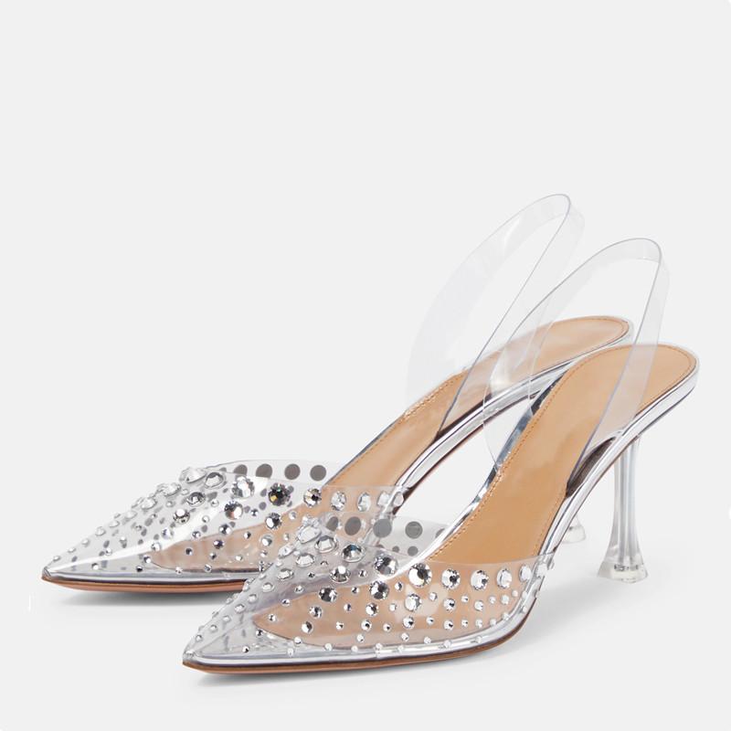 

Модные Блестящие Стразы Прозрачные ПВХ Женские Туфли Модные Летние Слингбэки Прозрачные Кристальные Высокие каблуки Женские Свадебные Туфли для Выпускного 35 серебряный