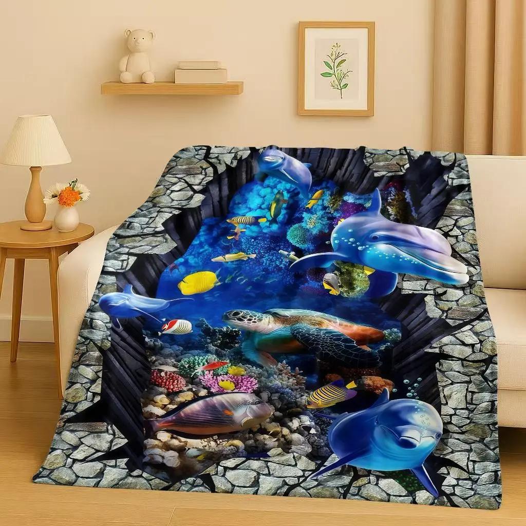 New 3D Illusion Underwater World Breaking Wall Flannel Blanket,Ultra Soft Warm Plush Throw for Home Bedroom Bed Sofa Cover Gift