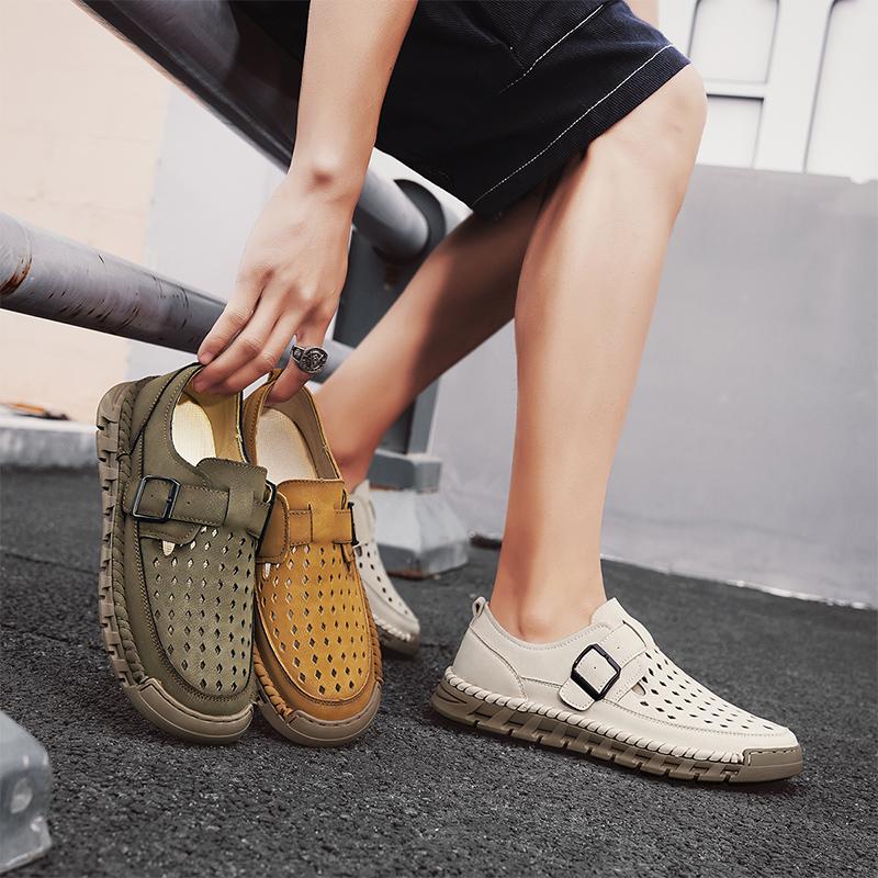 Fashion Men Hollowed Out Casual Shoe Summer Fashion Sports Sandals High-quality Handmade Leather Walking  Summer Designer Shoes   Rubber