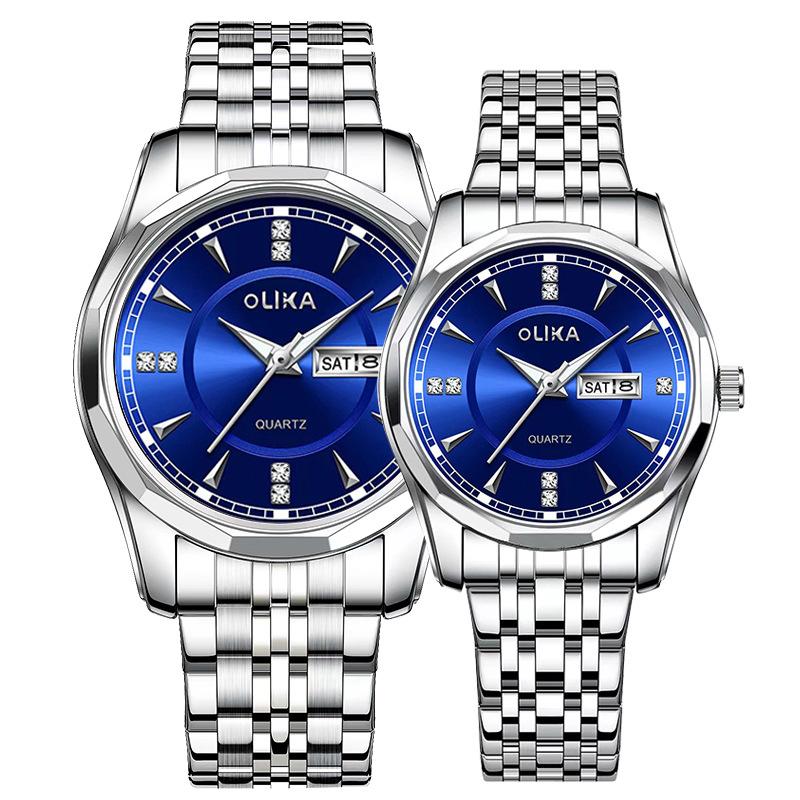 Top Brand Men's and Women's Couple's Watch Waterproof Luminous Quartz Watch Double Calendar Stainless Steel Fashion Watch