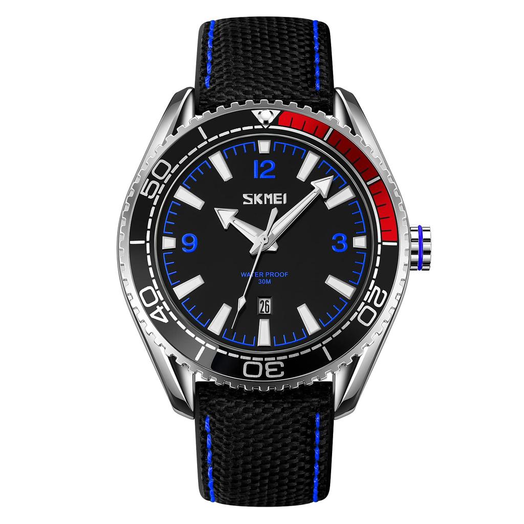 SKMEI Men's Sports Watch, Black, Leather Strap, Waterproof, Large, Casual, Business, Big Face, Analog, Fluorescent, Luxury, Gift, Black/Blue