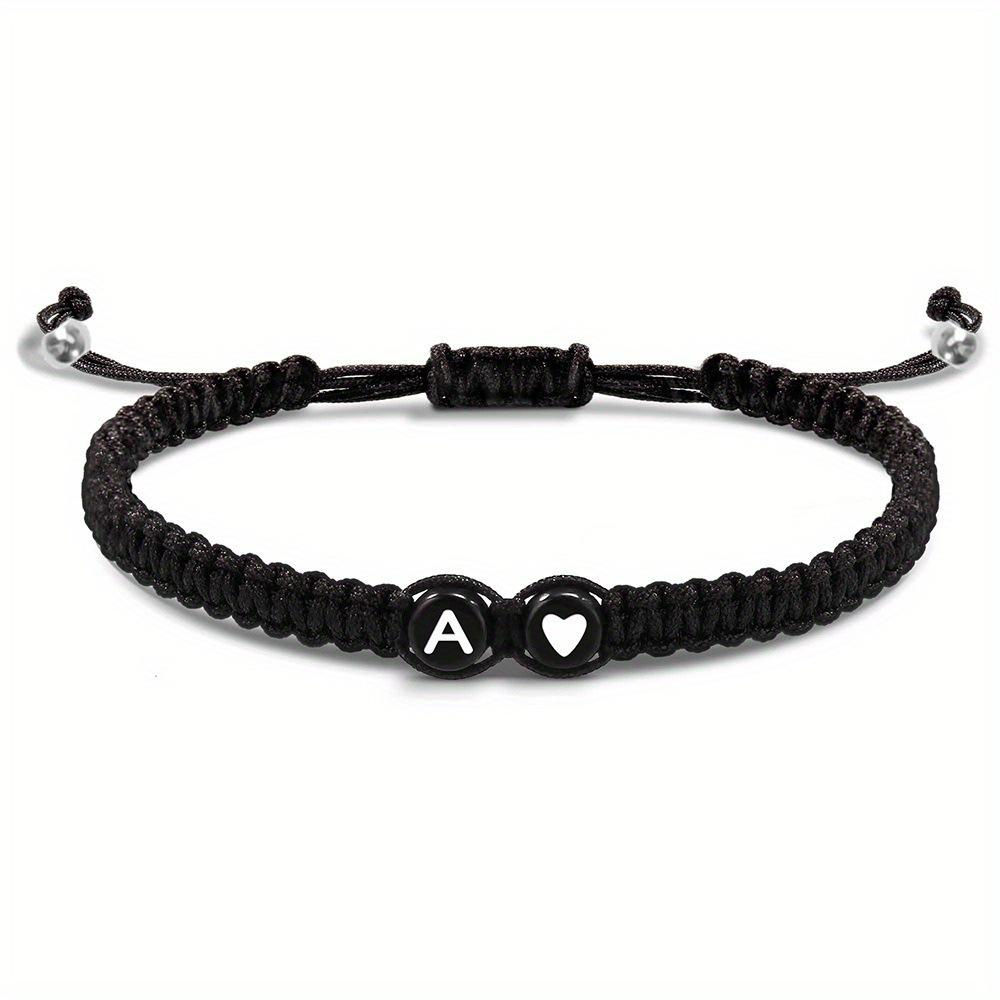 Adjustable Hand-woven Bracelet: Black with White Letter, Heart, Silver Bead - Choose from 26 English Alphabets.