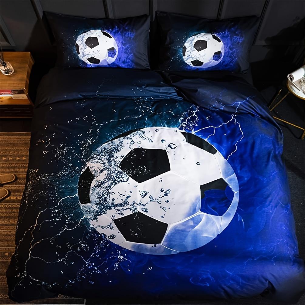 3pcs Youth Sports Themed Duvet Cover Set - Bright Blue 3D Soccer Ball Decorative Bedding with 2 Pillowcases, Zipper Closure