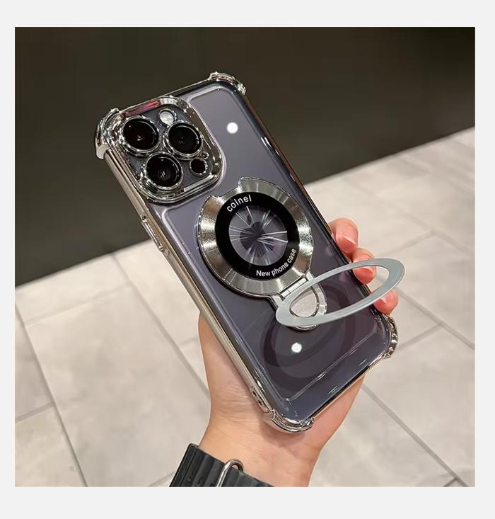 2025 Luxury Plating Shockproof Magnetic Bracket For Magsafe Clear Case For iPhone 15 16 14 13 12 11 Pro Max With Holder Stand Cover