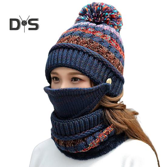 3Pcs/Set Knitting Hat Scarf Set Thickened Plush Lining Furry Ball Decor Beanie Hat Neck Warmer Detachable Face Guard Set