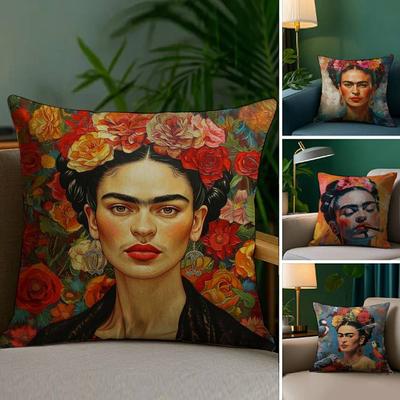 Housse d'oreiller Art Peinture F-Fridas Tissu Pelucheux Doux Impression Double Face Housse de Coussin de Canapé Housses de Coussin Décoratives