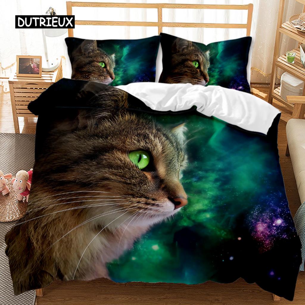 Cat Duvet Cover Set Lying Blue Cat Twin Bedding Set Kids Cute Kitten Comforter Cover Autumn Maple Leaves Polyester Quilt Cover Tool