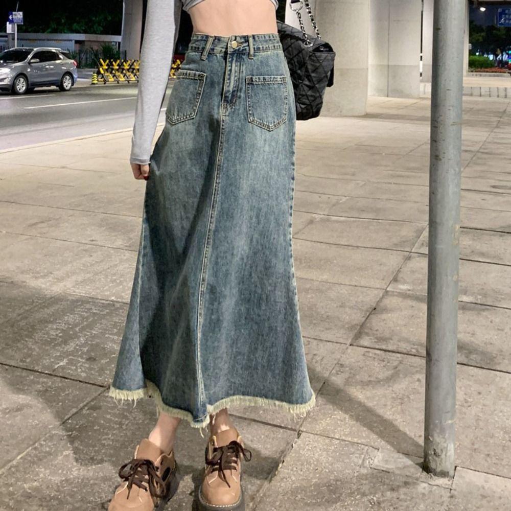 High Waist Denim Skirt Women Solid Color Hairy Fishtail Skirt Fashion High Waist Long Skirt  Summer