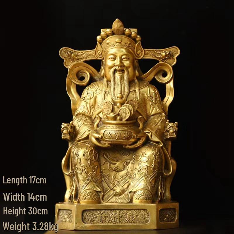 Large Yellow Brass God of Wealth Statue on Dragon Chair, Wen Cai Shen Design, Ideal for Shop Opening or Home Worship.