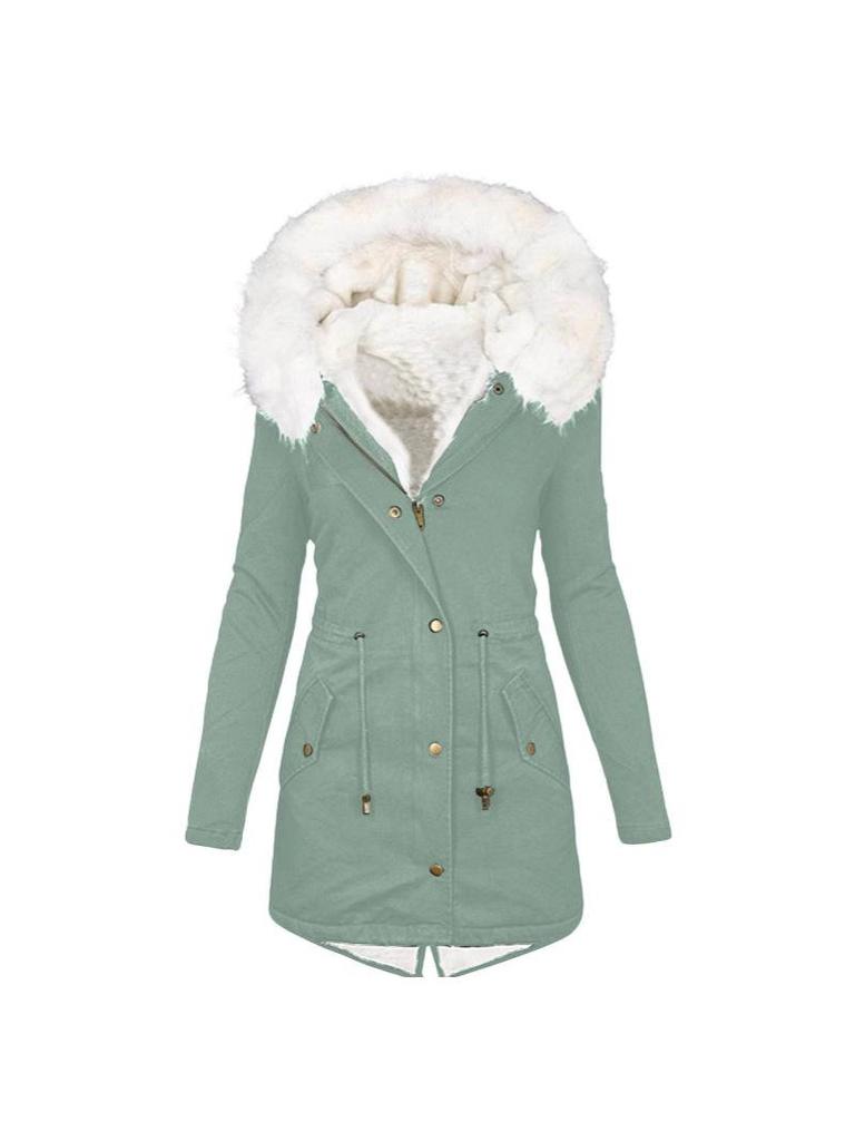 Women's Hooded Mid-Length Coat with Fur Collar and Waist Cinching - Plus Size, Thick, Cotton Padded for Autumn and Winter.