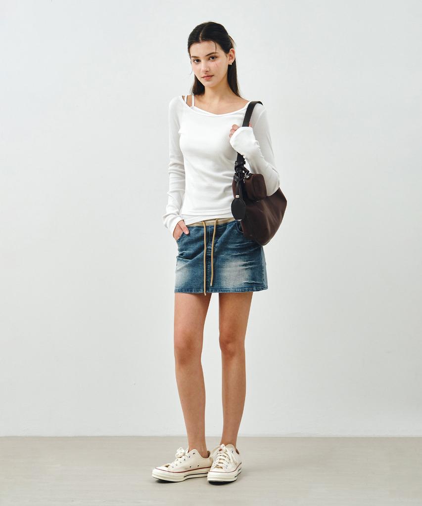 MONGDOL [Set] Boat Neck Layered Ribbed T-Shirt White Mdts087White