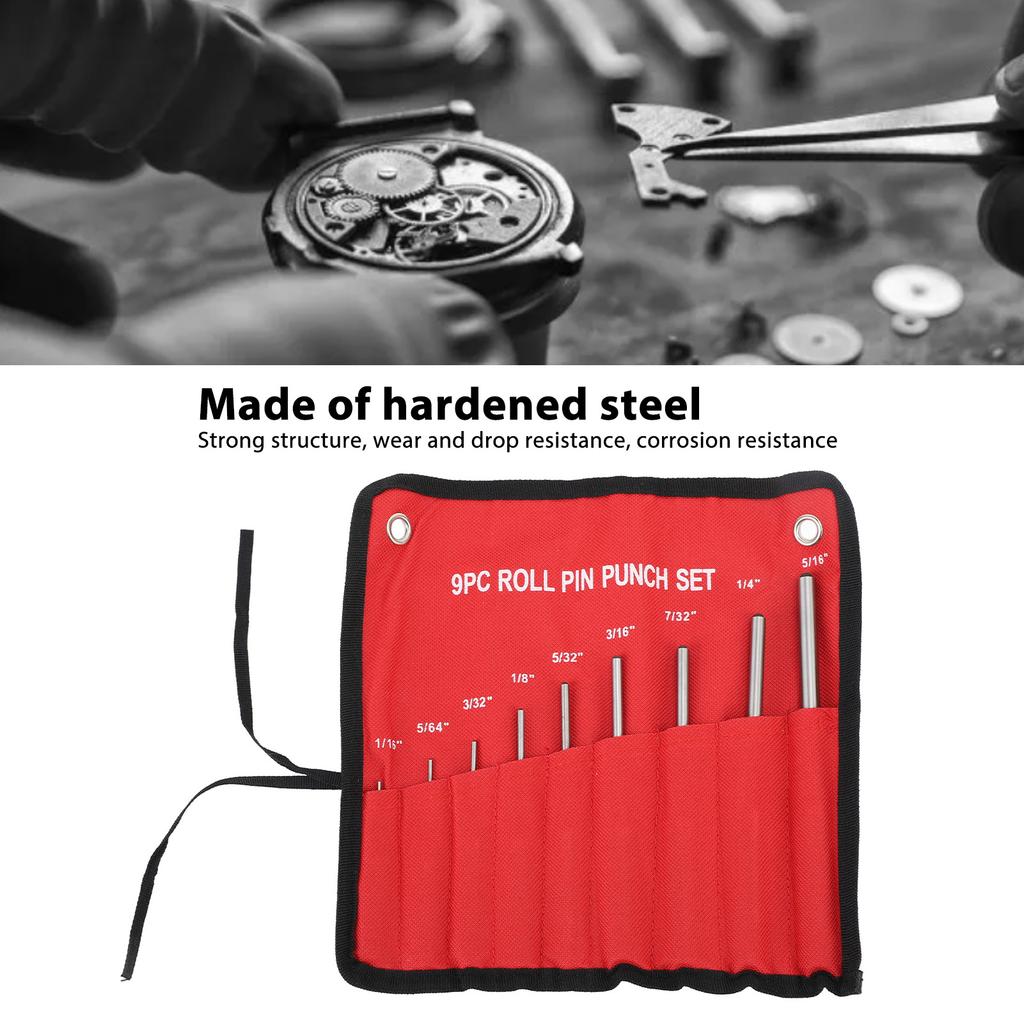 9pcs Roll Pin Punch Set Hardened Steel Removing Pin Punch Tool with Red Storage Pouch For Watch Repair Jewelry Craft