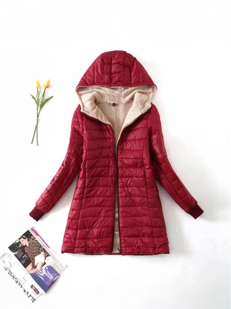 2026 Autumn/Winter Women's Slim-Fit Hooded Coat - Korean Style Fleece-Lined Lambswool