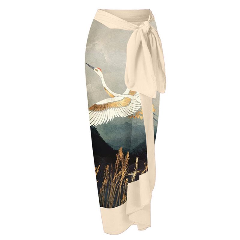 

Праздничное миди-платье с принтом журавлей: Повседневный пляжный стиль с завязками для женщин One Size бежевый