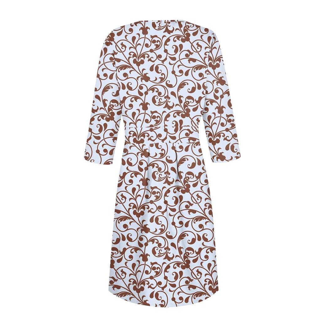 Lässiges und modisches Kleid für Damen mit Blumenmuster, 3/4-Ärmeln, Tasche und Reißverschluss auf der Rückseite