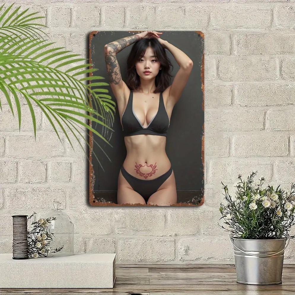 Vintage Metal Sign Black Bikini Girl Tattoo Art - Easy Install Indoor Outdoor Decor for Home Bar Man Cave Beach House