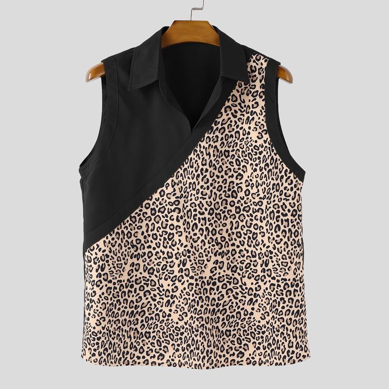 

INCERUN Summer Men Lapel Neck Sleeveless Leopard Print Casual Tank Tops S чёрный