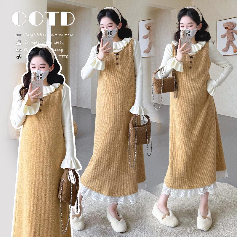 Autumn/Winter Yellow Knit Vest Dress & Lace Trim Sweater Maternity Two-Piece Set - Korean Style L