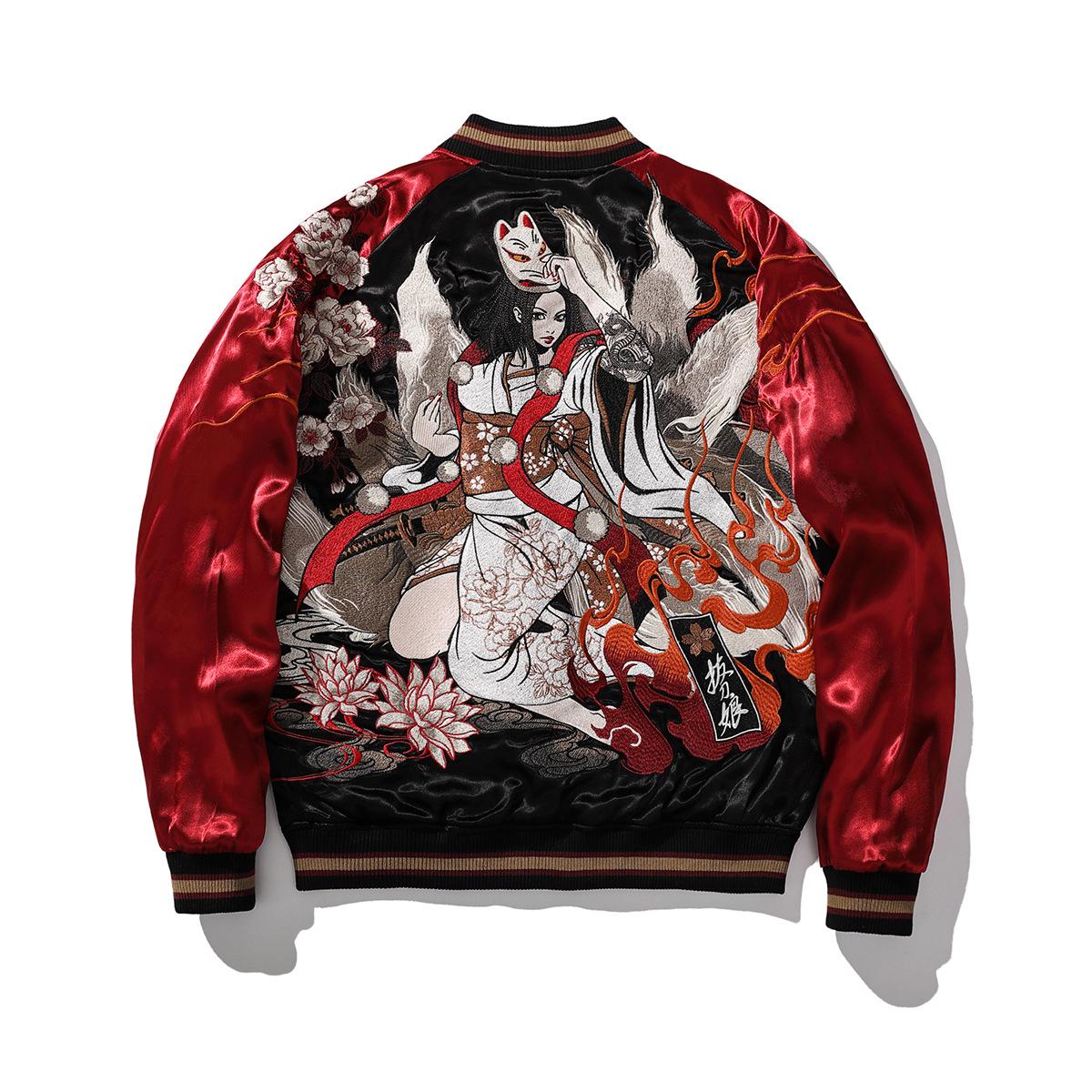 Huaxia Junpin Nine-Tailed Fox Embroidered Reversible Jacket - Men s Chinese Style Casual Baseball Outerwear XL