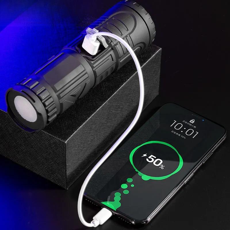 Powerful White Laser Flashlights Telescopic Zoom Tactical Spotlights Rechargeable Outdoor Torch With Tail Light Built-in Battery