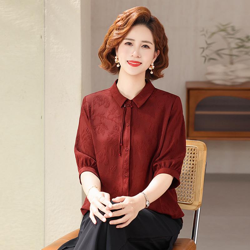 

Elegant Spring/Summer Lapel Shirt for Middle-aged Women - Three-Quarter Sleeve XL (100-110 jins) красный