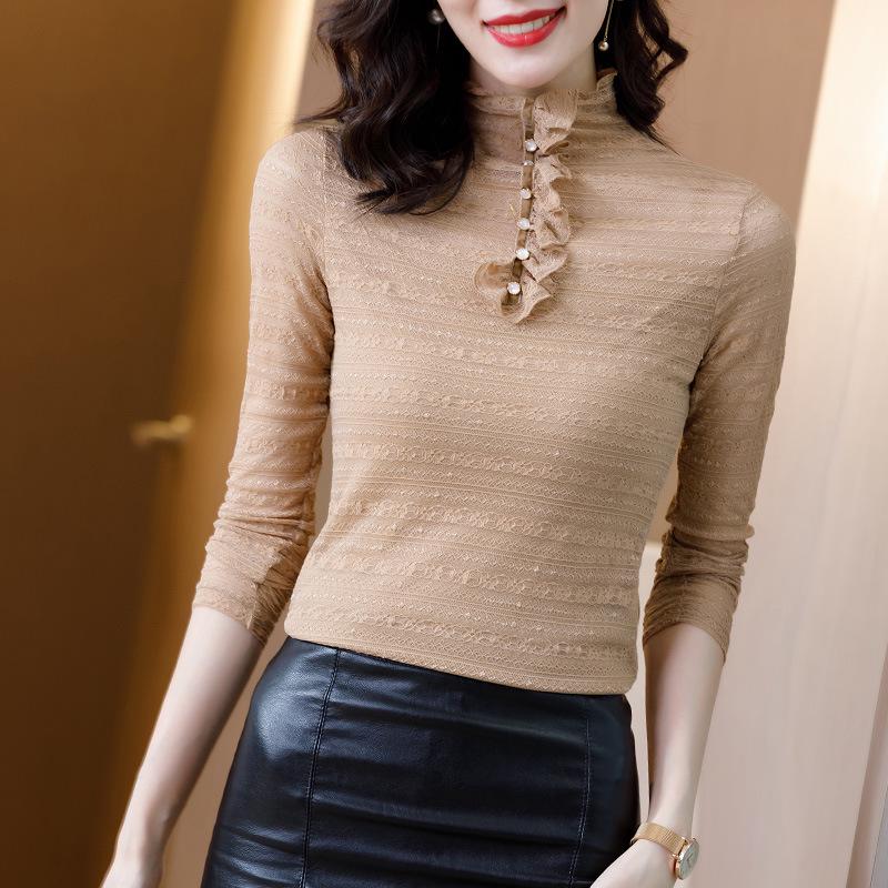 Aiyimaiyi 2023 Women's Autumn Mesh Lace Slim Fit Blouse with Half-High Collar